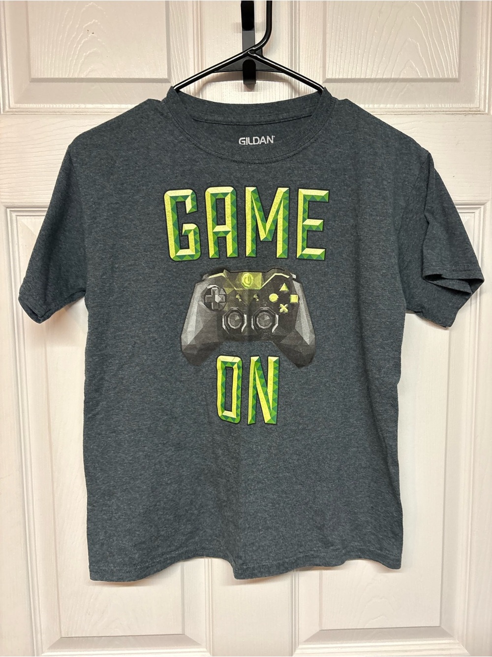 Gildan Dark Gray Tee with Neon Green 'GAME ON' Controller Graphic